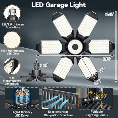LED Garage Light Super Bright 15000LM LED Shop Ceiling Lights 6500K Garage Lighting, 360°&180° Adjustable Basement Lights with 6 Deformable Panels Screw in E26 E27 Socket for Storage Attic, 4 Pack