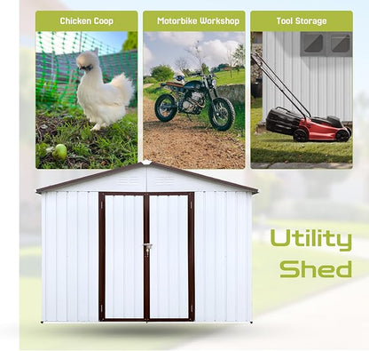 8 x 6 FT Outdoor Storage Shed, Metal Garden Tool Shed with Slooping Roof, Lockable Doors, All-Weather Bike Shed Easy to Assemble for Backyard, Patio, Lawn, White