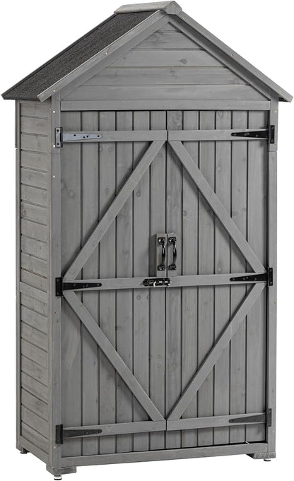 39.56"x 22.04"x 68.89" Outdoor Storage Cabinet with Removable Shelves, Waterproof Roof, and Adjustable Feet - Fir Wood Garden Tool Shed for Yard, Patio, Deck, and Garage,Grey