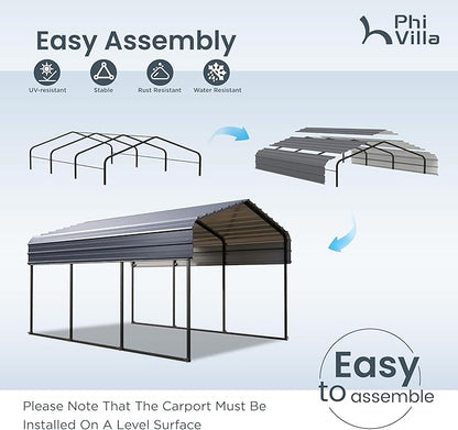 PHI VILLA 10 x 15 ft Heavy Duty Carport with Galvanized Steel Roof Multi-Use Shelter, Sturdy Metal Carport for Cars, Boats, and Tractors