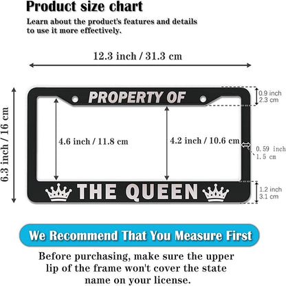 License Plate Frame Black and White License Plate Holder Property of The Queen Universal Aluminum Car Accessory 2 Pack with Screw Covers Set