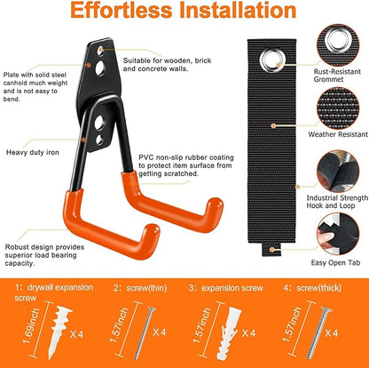 Heavy Duty Garage Hooks 4 Pack, 7.7 inch U Shaped Long Hanger, with 2 Extension Cord Holder Organizer, Wall Mounted Storage System, for Power and Garden Tool Hanging， Ladders, Bikes, Hose