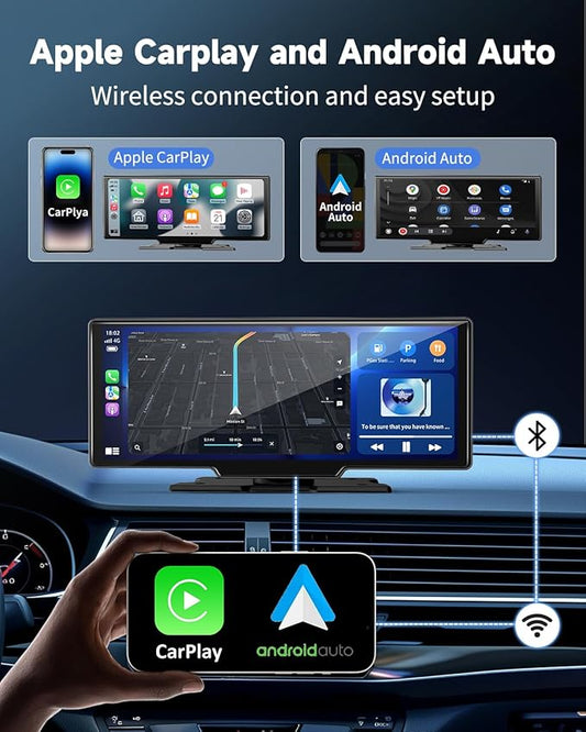 Portable Carplay Screen for Car - 10.26" Wireless Carplay & Android Auto Car Stereo, with 4K Dash Cam, Backup Camera, Bluetooth, GPS Navigation/Mirror Link/Voice Control/Bluetooth
