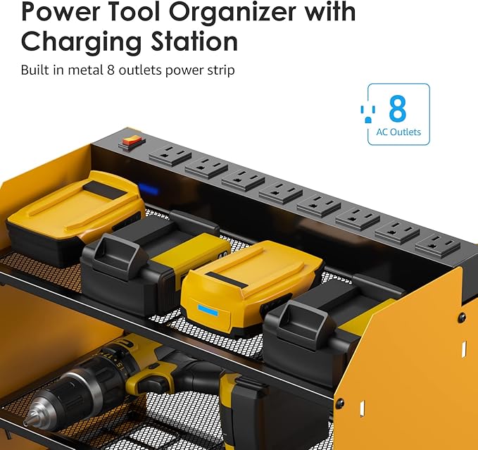 CCCEI Modular Power Tool Organizer Wall Mount with Charging Station. Garage 4 Drill Storage Shelf with Hooks, Screwdriver, Drill Bit Heavy Duty Rack, Tool Battery Holder Built in 8 Outlet Power Strip.