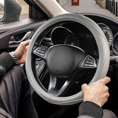 High-Grade Gray Genuine Leather Steering Wheel Cover for Men Women，Real Cowhide Leather Steering Wheel Cover for Cars,Universal 14.5-15 inch Steering Wheels