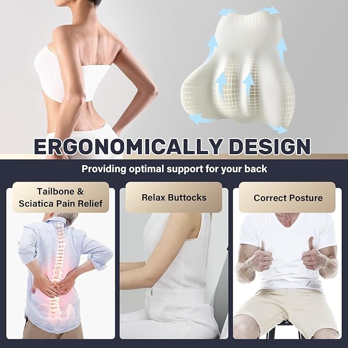 Coverado Lumbar Support Pillow for Car, Ergonomic Memory Foam Back Pillow for Office Chair, New Back Cushion for Pain Relief, PU Leather Car Lumbar Support for Driving Seat - BK