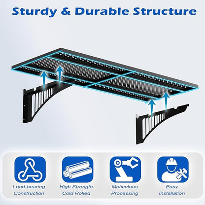 YOLENY 2-Pack 1.64x4FT Adjustable Heavy Duty Garage Wall Shelving, 500lbs Load Capacity Wall Mount Storage Shelf, Garage Storage Rack with Hooks, Metal Floating Shelves Organizer for Workshop