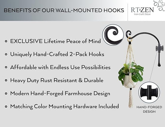 RTZEN Plant Hangers Outdoor or Indoor - Wrought Iron Metal Hanger Indoor Hook - Heavy Duty Wall Bracket Hooks for Hanging Plants Baskets Lanterns Wind Chimes - 2 Pack (Black Axe-Shape Hooks)