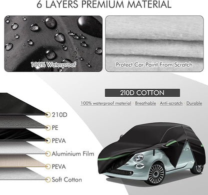 Replace for 2007-2023 Fiat 500/500C Car Cover 210D Outdoor Waterproof UV Snow Rain Protection, with Cotton Layer, Zipper Door, Reflective Strip, Storage Bag, for Abarth Turbo Sport Lounge Pop