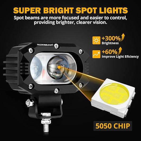 Auxbeam 4 Inch LED Square Pod Light, 60W White Spot Beam Driving Fog Light with DT Wiring Harness for Jeep Wrangler Truck Pickup SUV ATV UTV