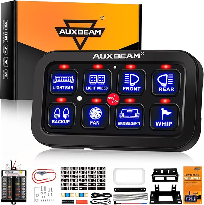 Auxbeam 8 Gang Switch Panel BB80, Universal Circuit Control Relay System Box with Automatic Dimmable On-Off LED Switch Pod Touch Switch Box for Car Pickup Truck Boat ATV UTV, Blue 2 Years Warranty