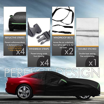 for Chevy Camaro 2010-2022 Car Cover 210D Outdoor Waterproof UV Protection, Custom-fit Protective Full Covers with Cotton Layer, Zipper Door, Reflective Strip, Storage Bag