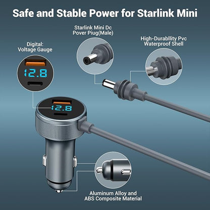 Starlink Mini Cable 12V-48V,Starlink Mini Car Adapter with Digital Display,Cigarette Lighter Adapter with USB C PD 40W& USB A 35W Ports for Trucks and Cars(16.4FT)