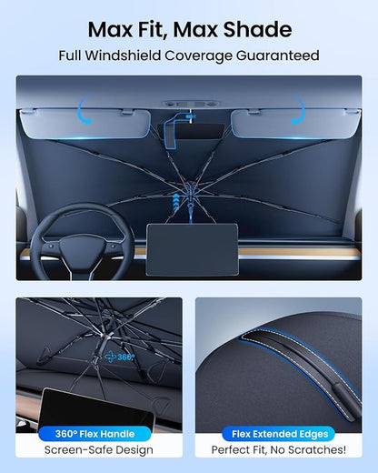 REEVAA 2025 Upgraded Car Windshield Sun Shade Umbrella [100% Sun Protection & Keep Cool] Protect Interior, 360° Flex Handle Sun Shield Sunshade, Small (53''x29'') for Sedans