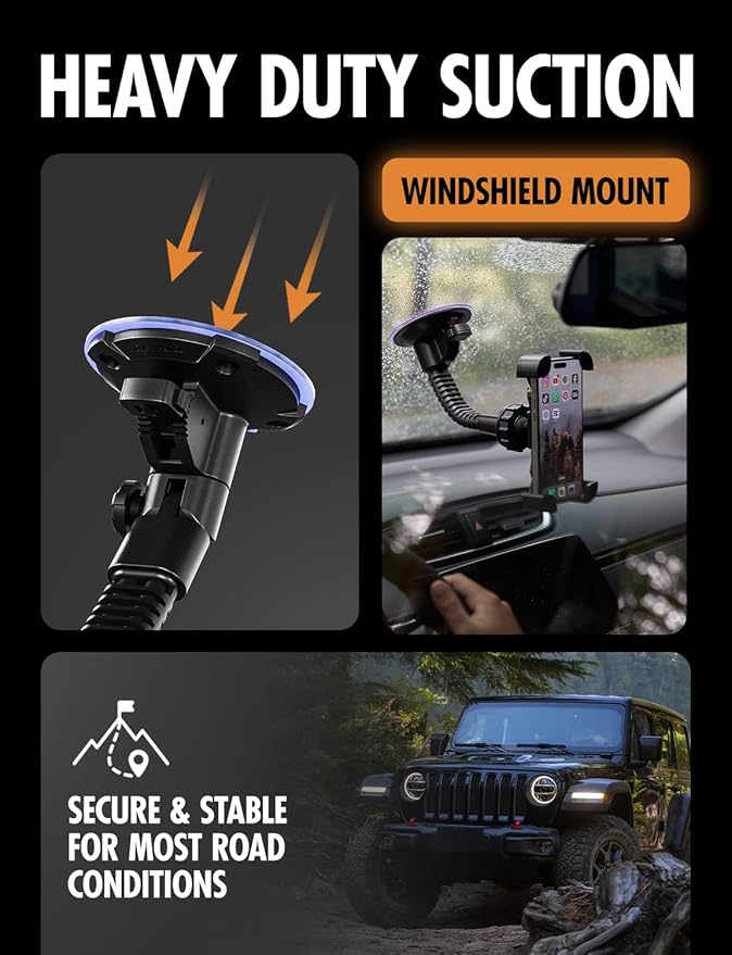 ToughTested Mammoth Windshield Mobile Mount, Double-Ribbed Gooseneck Arm, Expandable Claw Grip Holder with 360 Degree Rotation, Extra Large Suction Cup, Quick Release Button