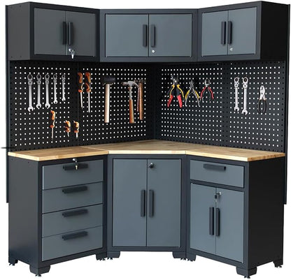 Corner Workshop Set - Garage Cabinets and Storage System with Corner Cabinet, Cabinet Drawers, Workbench, Pegboard for Tool Organization - Black and Grey
