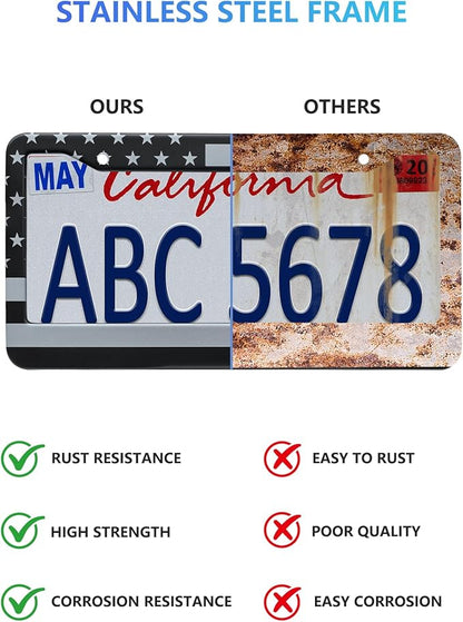 American Flag License Plate Frames - 2 Pack Black Stainless Steel Front Rear Car Tag Frames Printed with Patriotic USA Flag Pattern, with Decals Screws Caps