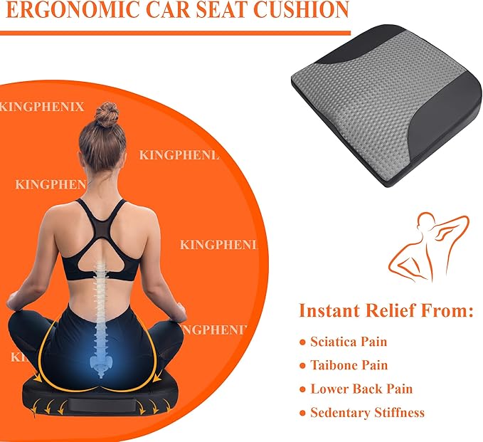 kingphenix Premium Car Seat Cushion, Memory Foam Driver Seat Cushion to Improve Driving View- Coccyx & Lower Back Pain Relief- Seat Cushion for Car, Truck, Office Chair (Black & Gray Mesh Cloth)