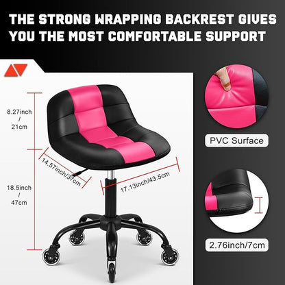 Rolling Stool with Wheels, Garage Shop Stool with Backrest, Roller Seat with Pneumatic Adjustable Height 16.93"-19.69", Heavy Duty Multi-Purpose Chair for Shop Salon Office Home, Pink