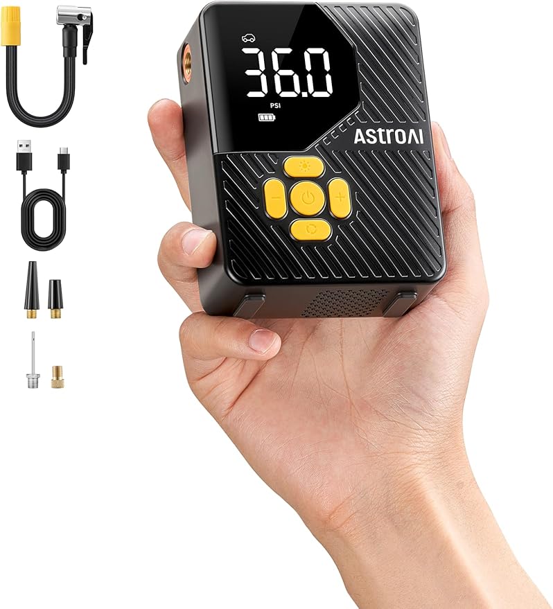 AstroAI L7 Mini Tire Inflator Portable Air Compressor,150 PSI Cordless Car Tires Air Pump with LED Lights&Pressure Gauge,Auto Shut-Off - Tire Pump for Auto,Motorcycle, Bicycle, Ball Yellow