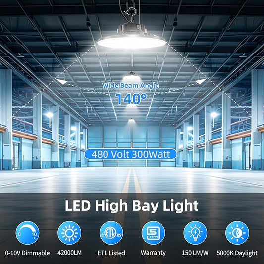 480V LED High Bay Light 300W 240W 200W Adjustable UFO Light 42000LM ETL DLC Listed Dimmable High Bay LED Shop Lights 5000K Daylight IP65 Waterproof Commercial Bay Lighting for Warehouse Factory