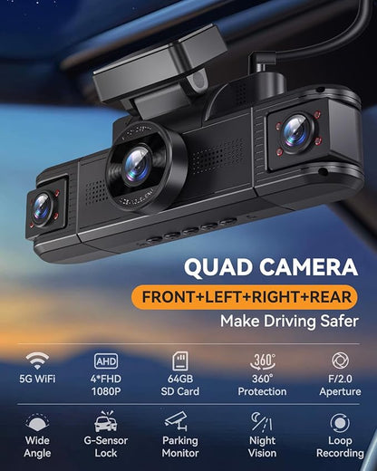 4 Channel Dash Cam 360° View, Front and Rear Inside Left Right, 2K Dash Camera for Cars, Built-in 5G WiFi & APP Control, Night Vision, G-Sensor, 24/7 Recording Parking Mode, with 64GB SD Card
