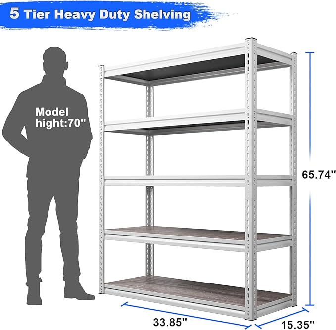 REIBII Garage Shelving 2500LBS Storage Shelves Adjustable Heavy Duty Shelving Metal Shelving 65.7" H Metal Shelves White Shelves for Pantry Kitchen 15.3" D x 33.8" W x 65.7" H