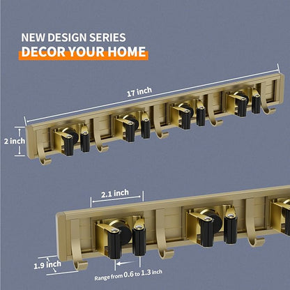 Broom Holder Wall Mount Mop and Broom Hanger Wall Mounted Garage Storage Rack Kitchen Garden Tool Organizer (4 Racks with 5 Hooks, Bronze)