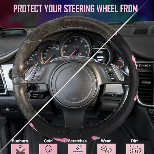 Car Pass Pink Embroidery Butterfly Steering Wheel Cover, Universal 15 Inch Car Wheel Cover for Women Girls, Fit for Suvs,Small Trucks,Sedans,Cars (Black and Pink)