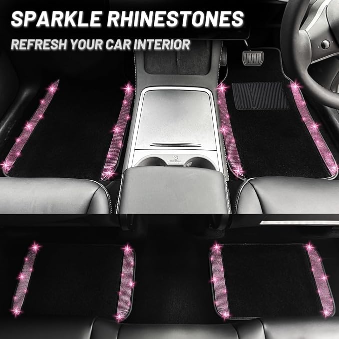 NBTEPEM Pink Bling Car Floor Mats Full Set, Universal Fit Most Cars,SUV, Trucks, 4 pcs Sparkle Glitter Diamond Carpet for Women Girls with Anti-Slip Pad (Pink Diamond)