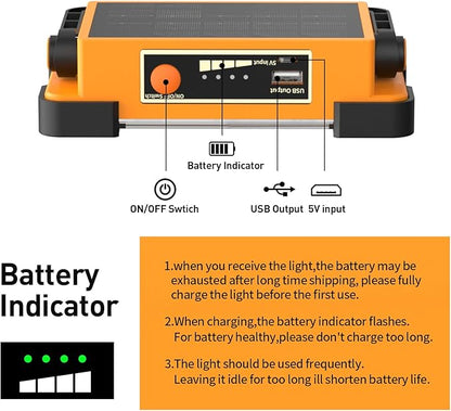 120W Solar Rechargeable Work Light, 144 LED 10000LM Led Work Light with 4 Modes, Portable Flood Light with Stand, IP66 Waterproof Outdoor Working Light for Emergency Mechanic Camping Repair (Yellow)