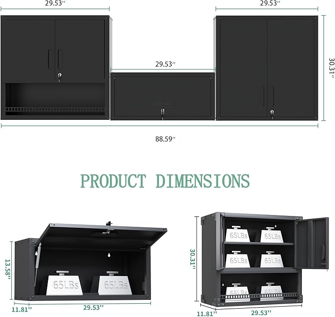 Metal Tool Cabinet,Garage Storage Cabinet System,Wall Cabinet & Locking Rolling Tool Cabinet with Doors and Adjustable Shelves,Steel Tool Cabinets for Home,Office (3 Pcs-StyleA, Black)