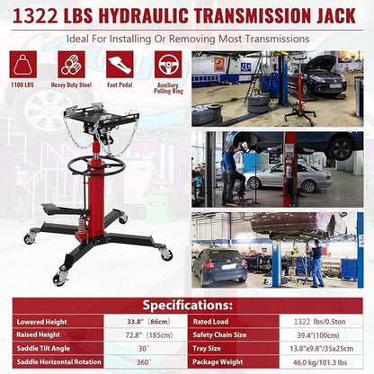 Transmission Jack with 1 Stage Hydraulic Ram, 1322 LBS Hydraulic Telescoping Transmission Jack with Foot Pedal & 360° Swivel Wheels, Heavy-Duty Garage/Workshop Jacks for Car/Truck Repairs, Red