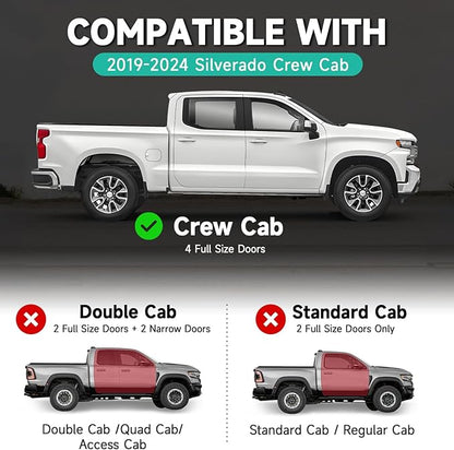 6'' Running Boards – Heavy-Duty Black Carbon Steel with Powder Coating – Compatible with 2019-2024 Silverado Crew Cab (Diagonal Slots)
