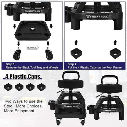 Rolling Shop Stool with Wheels, Heavy Duty Garage Work Mechanic Stool with Backrest, Adjustable Height 360°Swivel Rolling Chair with Tool Tray Storage, 330 LBS Capacity, Black