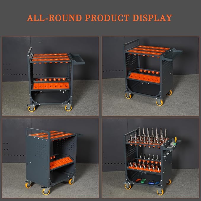 Grey Classic 40 Taper CNC Tool Holder Transfer Cart, 35 Capacity CAT/BT40 Service Carts with Wheels Heavy Duty, Multi-Function Workshop CNC Tool Trolley