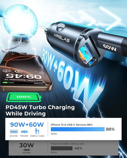 MRGLAS 90W Fast iPhone 16 Car Charger, USB C Car Charger with Type C Cable, PD45W & QC45W, Flush Fit, All Metal, Cigarette Lighter USB Adapter for iPhone 16 15 Samsung S25 Ultra Pixel 8
