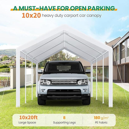 COBIZI Carports 10x20 Heavy Duty Car Tent Garage, Galvanized Frame Car Canopy Outdoor Shelter Waterproof & UV Protected with Windproof Ropes & Built-in Sandbags for Car Truck Boat, White