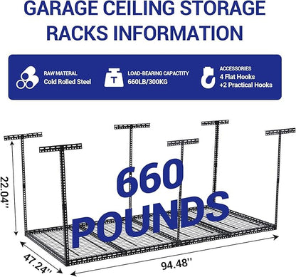Overhead Garage Storage Rack 4x8 FT, Steel Ceiling Shelves 660lb Capacity, Height Adjustable 22-40 Inches, Space-Saving for Attic Basement Shed (Black, 6 Posts)