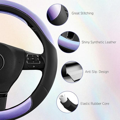 Road Comforts Steering Wheel Cover – Breathable Leather Steering Wheel Cover, Anti-Slip Grip, Universal Fit 14.5” to 15”, Heat & Cold Resistant for Cars, SUVs, and Trucks – Black & Purple