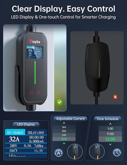 Raylix 32A Level 2 Fast Tesla Charger, [Adjustable Current, Delay Charge & Smart Display], 7.68KW Tesla Mobile/Home Charger, 21ft Cable, Connector for Tesla Model X/Y/3/S/Cybertruck, NEMA 14-50 Plug