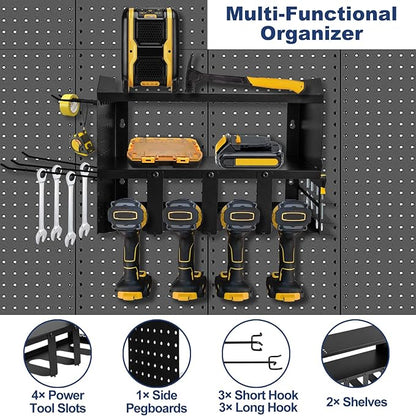 Heavy-Duty Power Tool Organizer Wall Mount, 3-Tier Drill Storage Rack with Dual Side Pegboards and 4 Hooks, Perfect for Garage, Workshop, Tool Room - Ideal Gift for Men, Black