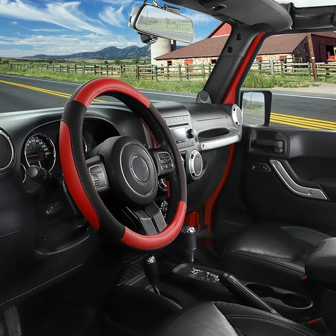 SEG Direct Car Steering Wheel Cover for F-150 Tundra Range Rover 15.5-16 inch, Black and Red Microfiber Leather