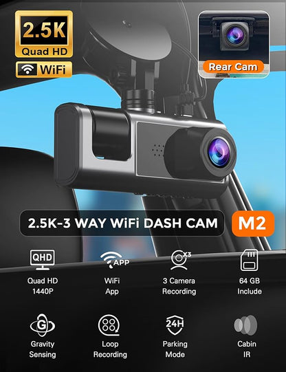 3 Channel WiFi Dash Cam Front and Rear Inside with 64GB SD Card, 2.5K+1080P+1080P Car Dash Camera for Cars Front and Rear, Dashcam with G-Sensor, Loop Recording, 24H Parking Mode, Support 512GB