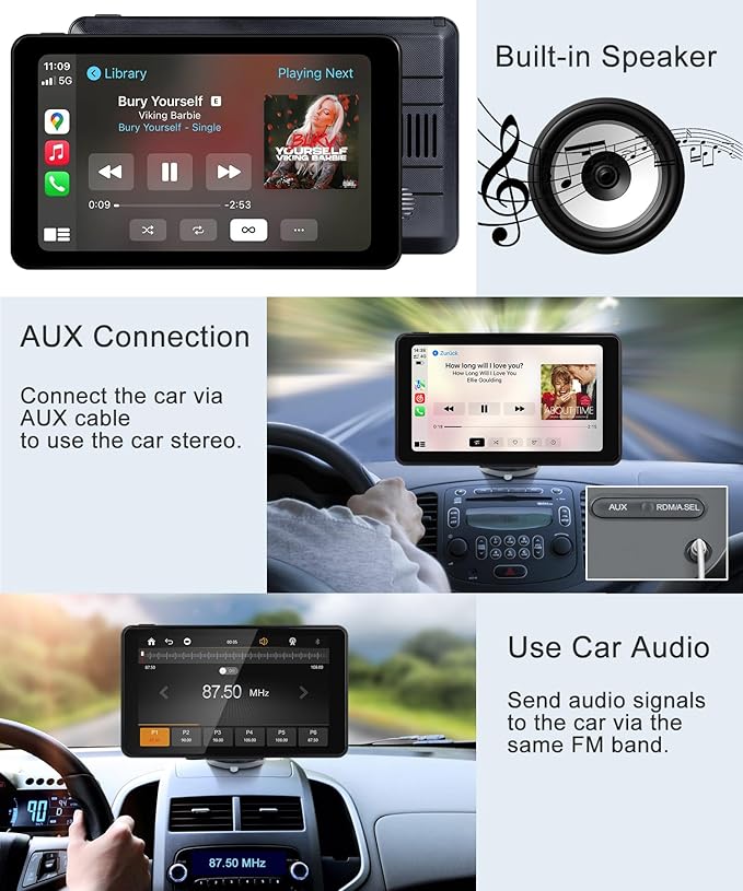 Compatible Wireless Apple CarPlay Android Auto Screen fo Car, 7" HD Backup Camera Portable Stereo Bluetooth Touch Screen, GPS Navigation, Mirror Link, Siri, AirPlay, FM, AUX