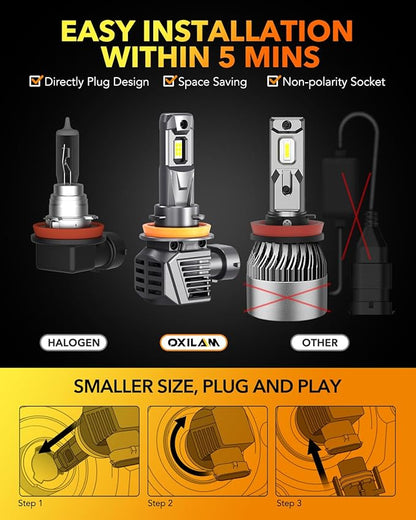 OXILAM H11 LED Bulb H8 H9 Bulbs, 900% Brighter Ultra-Bright, 3 Min Quick Install, 20 Years Lifespan, No Flicker, 99% Compatibility