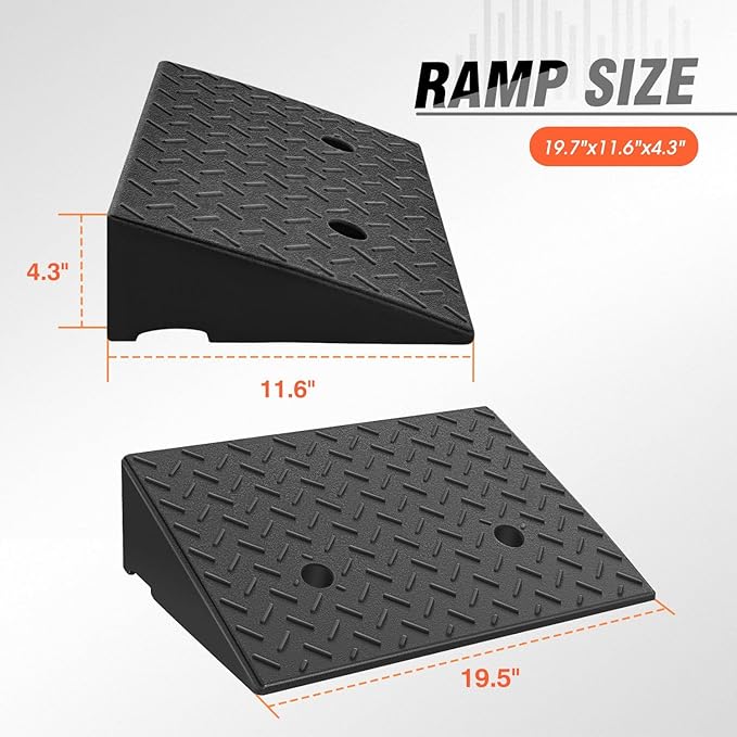DNA MOTORING 2pcs 4.3" Rise Rubber Curb Ramp Heavy Duty Loading Driveway Ramp Threshold Ramp 19.5 in L x 11.6 in W x 4.3 in H for Loading Dock, Warehouse, Wheelchair, Motorcycles, Cars, TOOLS-00645