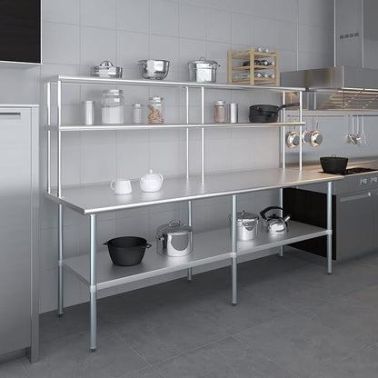 Amgood Stainless Steel Work Table Double Tier Overshelf | Metal Kitchen Prep Table & Shelving Combo (30" x 96" Work Table + 12" Overshelf)