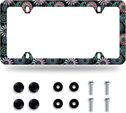 Mandala Flower License Plate Frame License Plate Stainless Steel Parts Funny License Plate Decorative with Screws Size 12.3" x 6.3" for Men Women