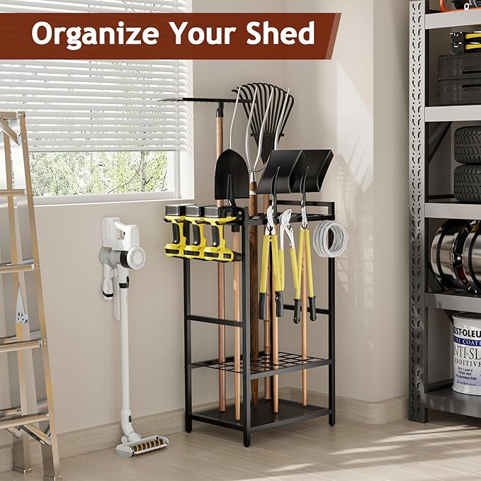 Garden Garage Tool Organizer - Yard Tool Organizer for Garage with 4 Hooks, Heavy duty Steel Garden Tool Rack Holds up to 48 Long Handled Yard tools for Storage